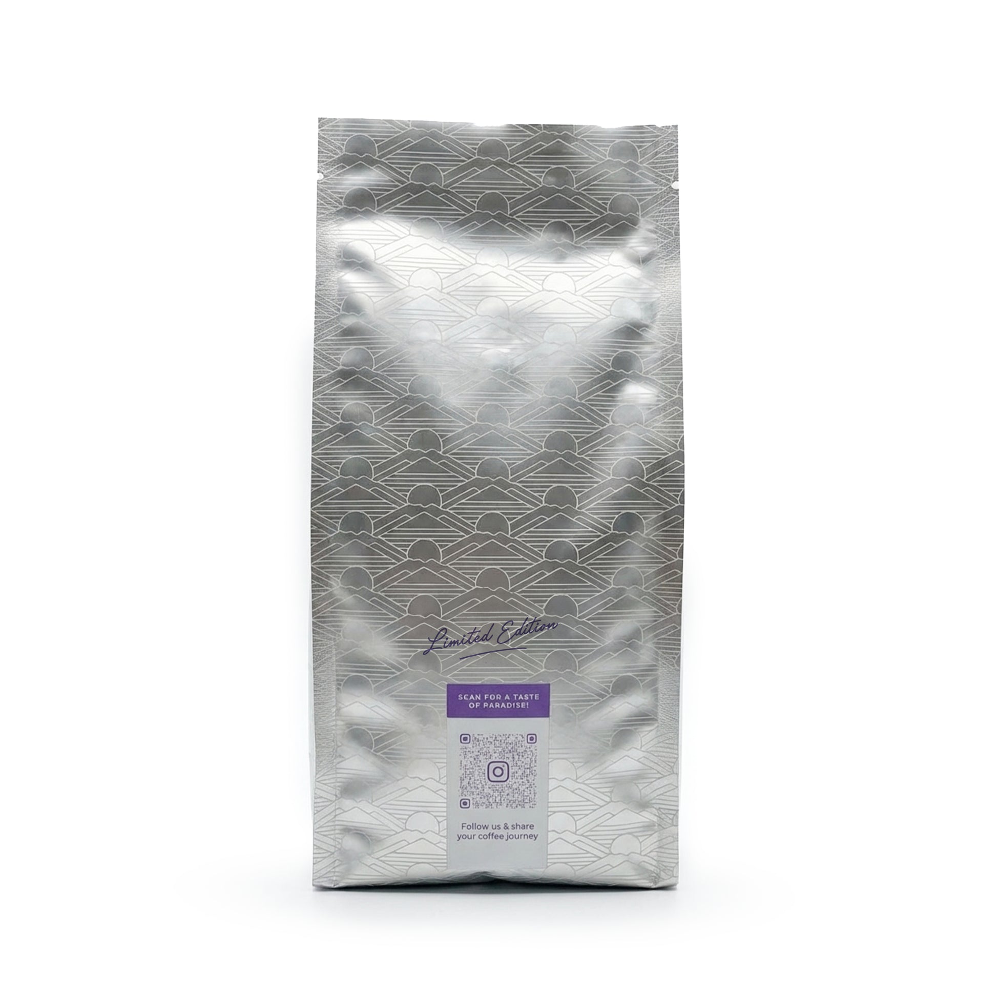 Silver coffee bag with geometric pattern on a white background