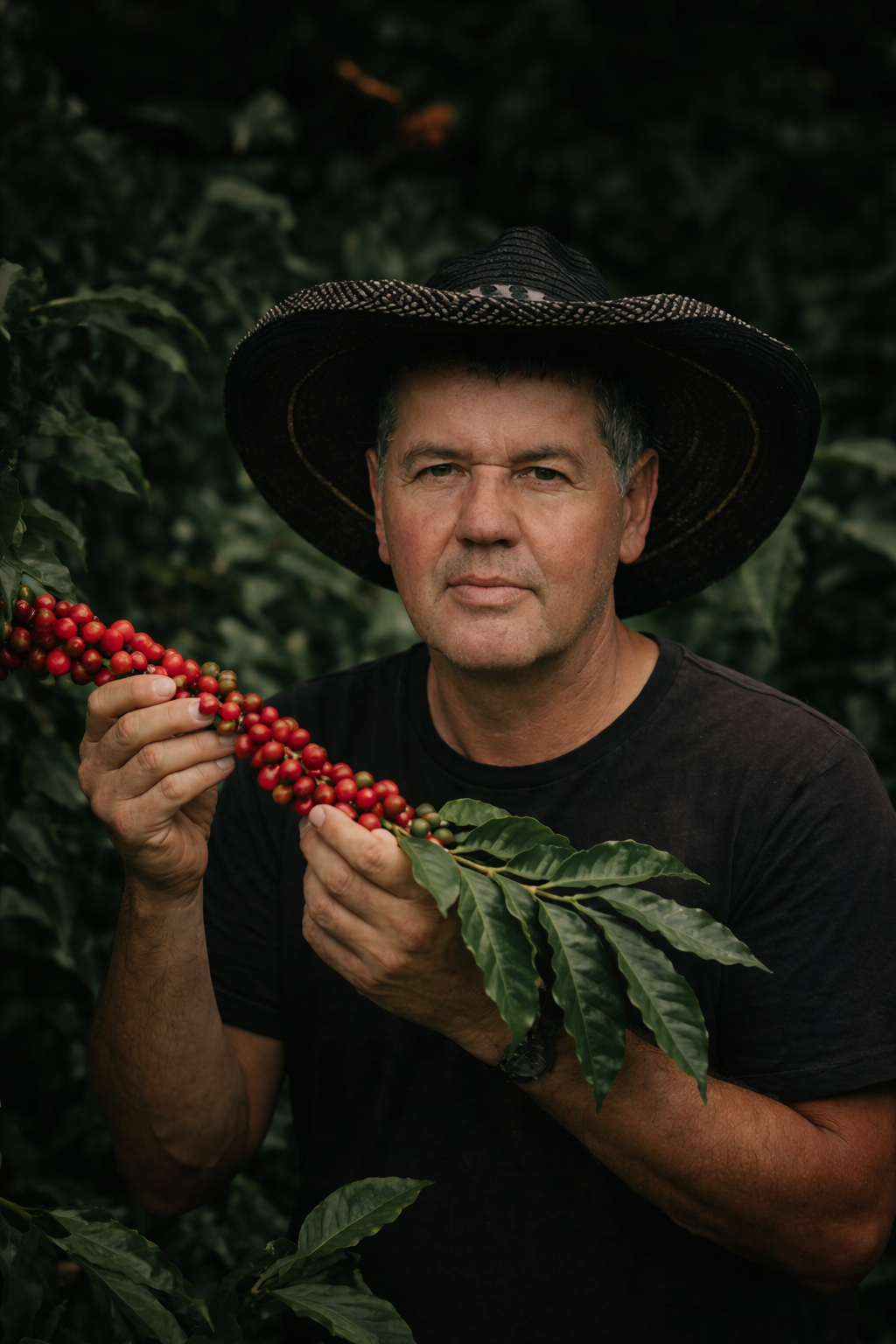 Man holding a branch of red coffee berries in a coffee plantation